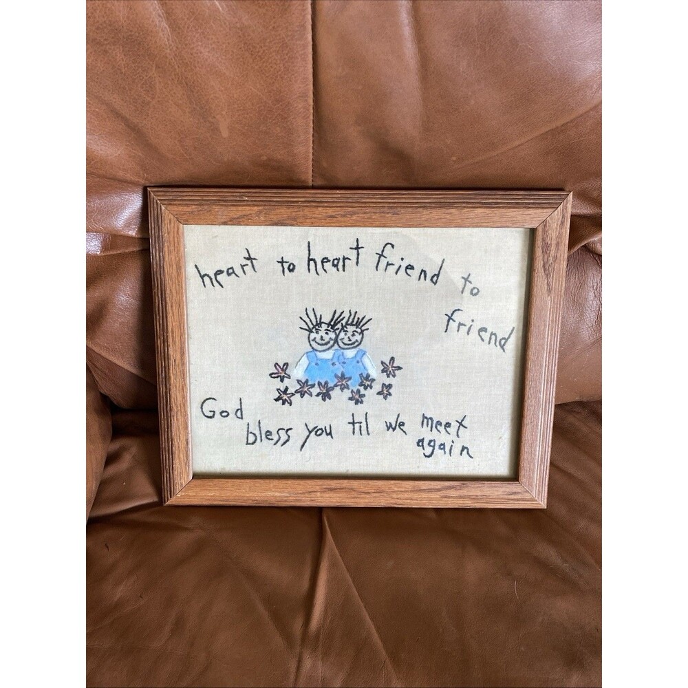 Primitive Hand Needlepoint Friend forever Country Framed Inscribed on back 13x10